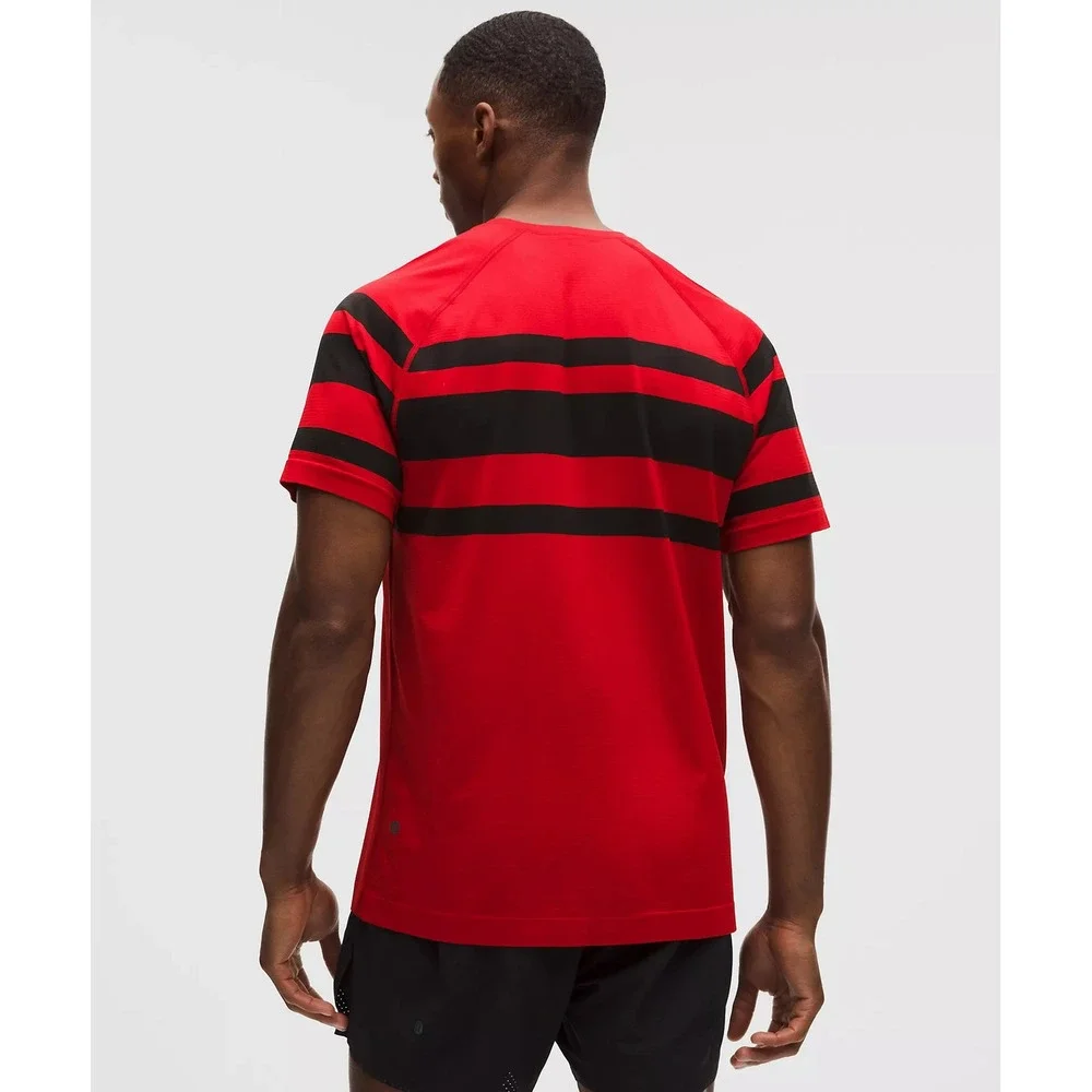 734-Lululemon-Men-Metal Vent Tech Short-Sleeve Shirt-League Stripe Oxford